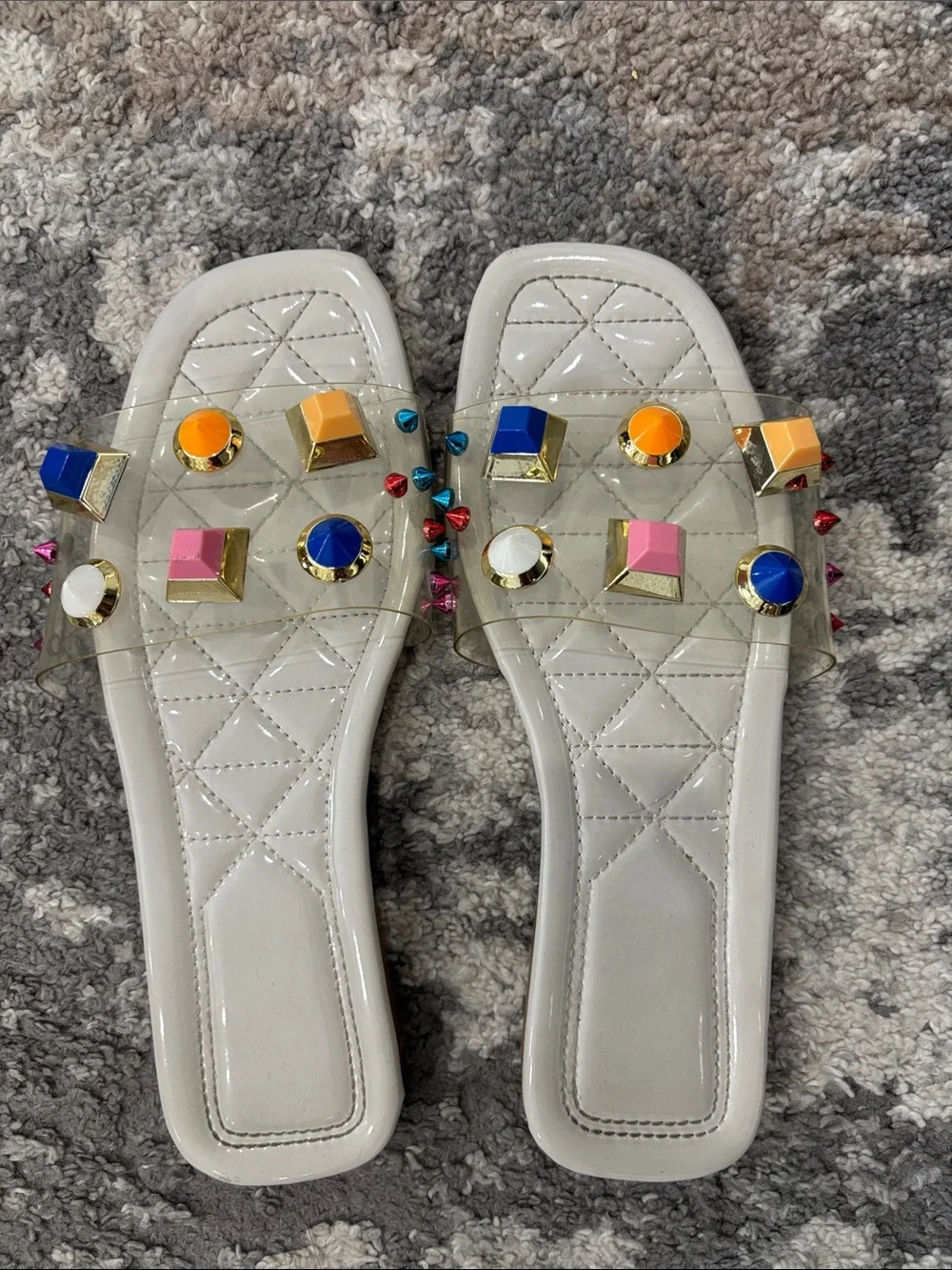 Women's Cream Quilted Slide Sandals with Multicolor Gem Accents